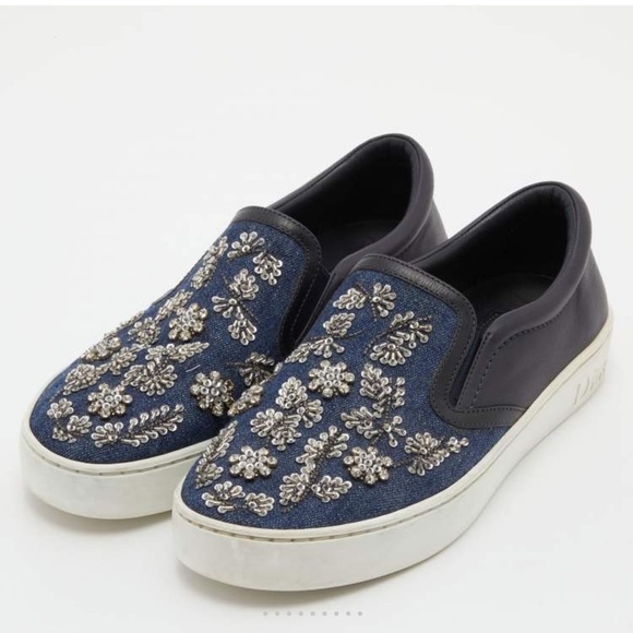Dior Blue/Black Denim and Leather Happy Crystals Slip On Sneakers 36 1/2 - Picture 9 of 12